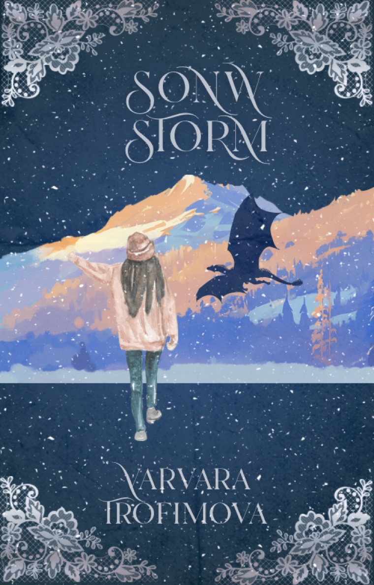 Snow Storm book cover: a girl in a winter coat watches a dragon fly over snowy mountains at dusk